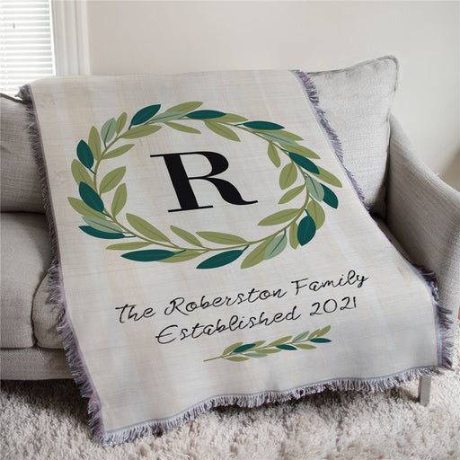 Personalized Green Olive Wreath With Initial Afghan Throw - Elegant Monogram Blanket - Way Up Gifts