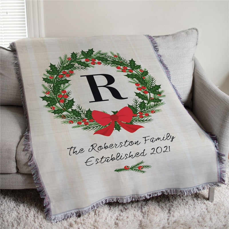 Personalized Christmas Wreath Afghan Throw - Holiday Wreath Blanket - LED Gift Works