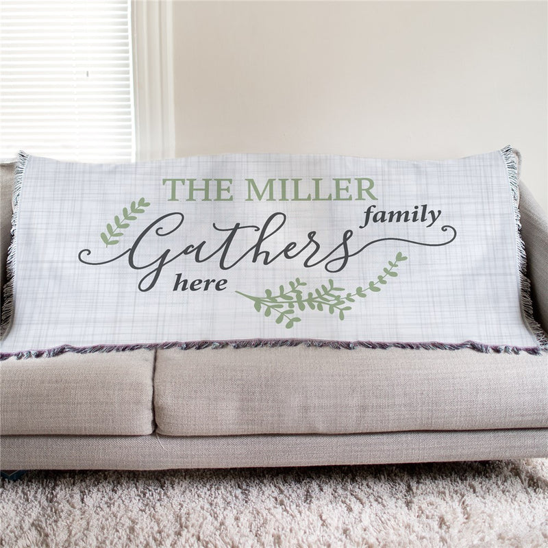 Personalized Gathers Here Afghan Throw - Rustic Home Decor Blanket - LED Gift Works