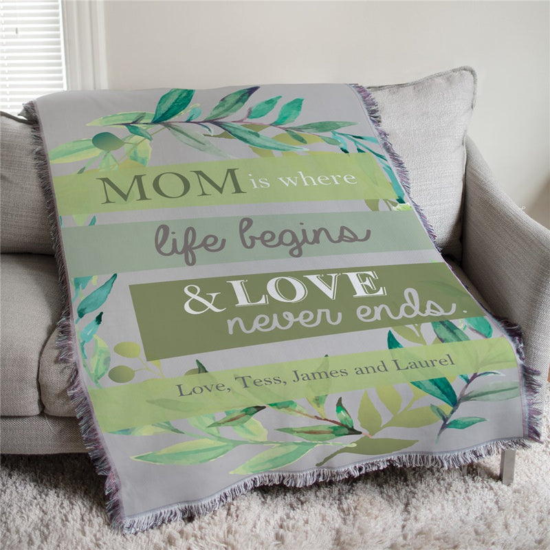 Mom Is Where Life Begins Colorful Floral Personalized Afghan Throw - Bright Floral Mom Gift Blanket - LED Gift Works