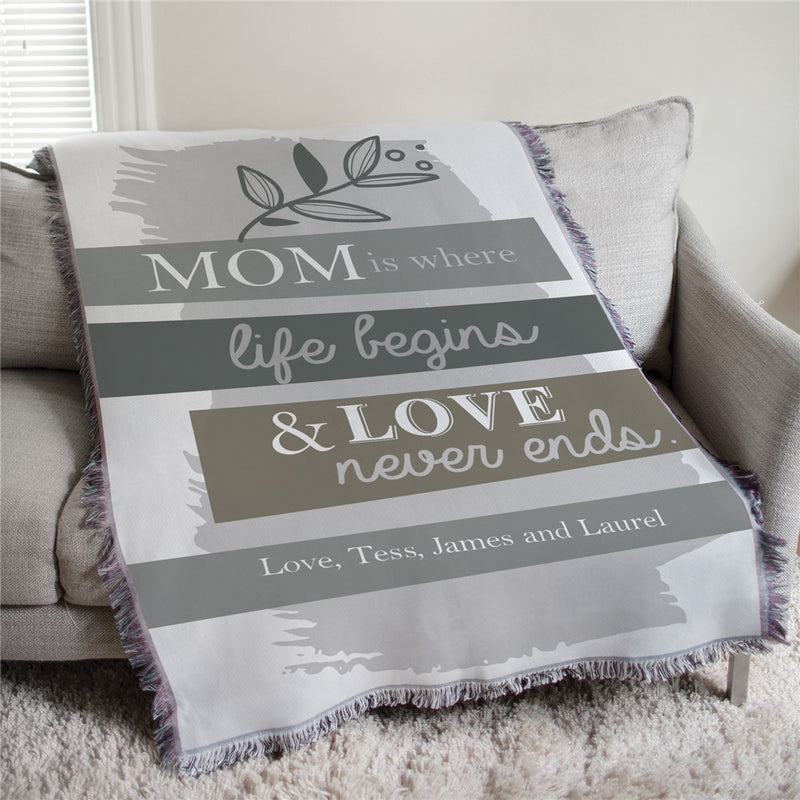 Mom Is Where Life Begins Muted Floral Personalized Afghan Throw - Sentimental Mom Gift - Floral Design Blanket - LED Gift Works