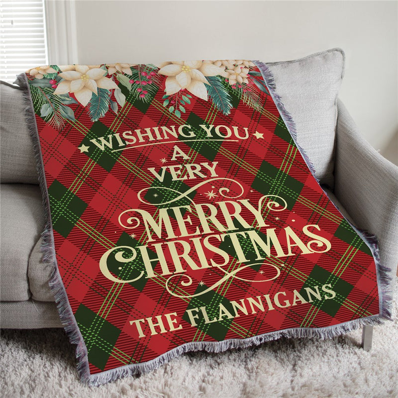 Personalized Diamond Plaid & White Poinsettias 50X60 Afghan Throw - Cozy Holiday Throw - LED Gift Works