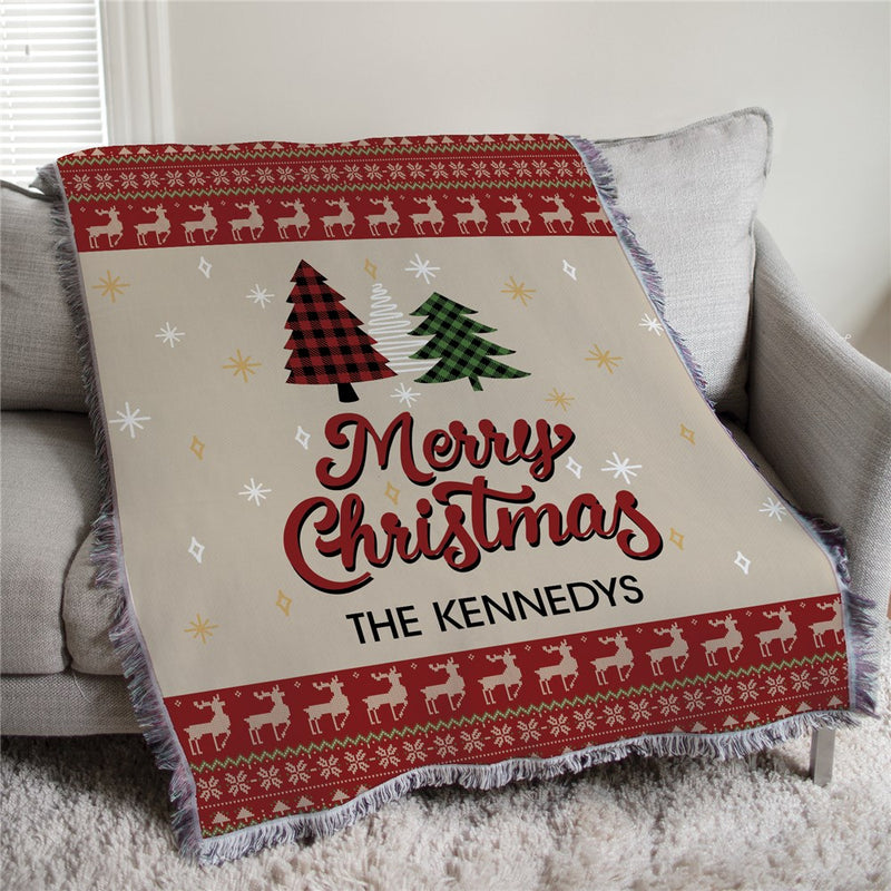Personalized Sweater Pattern Merry Christmas Afghan Throw - Cozy Knit-Style Holiday Blanket - LED Gift Works