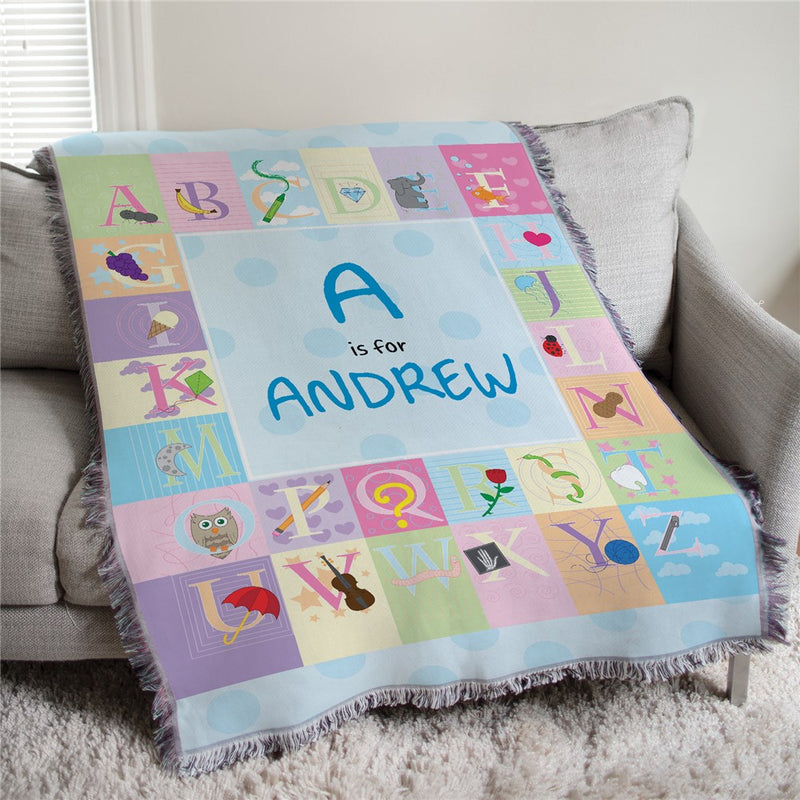 Personalized Blue Alphabet Baby 50X60 Afghan Throw - Large Baby Alphabet Blanket - LED Gift Works