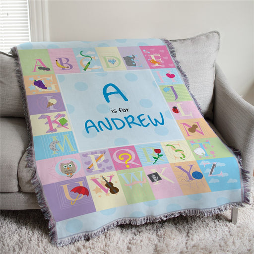 Personalized Blue Alphabet Baby Tapestry Throw - Educational Baby Blanket - Way Up Gifts
