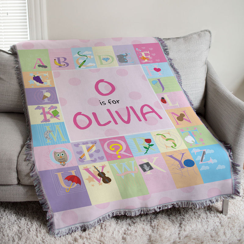 Personalized Pink Alphabet Baby Tapestry Throw - Learning Blanket for Infants - LED Gift Works