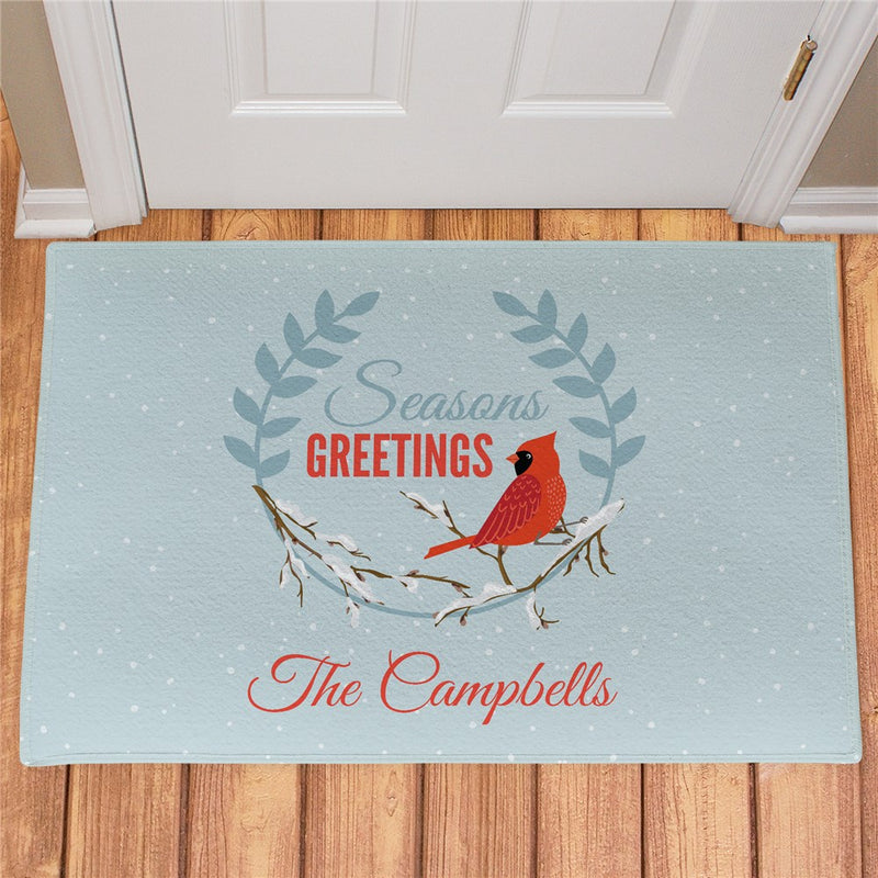 Seasons Greetings Cardinal Personalized Doormat - Custom Holiday Entry Mat - LED Gift Works