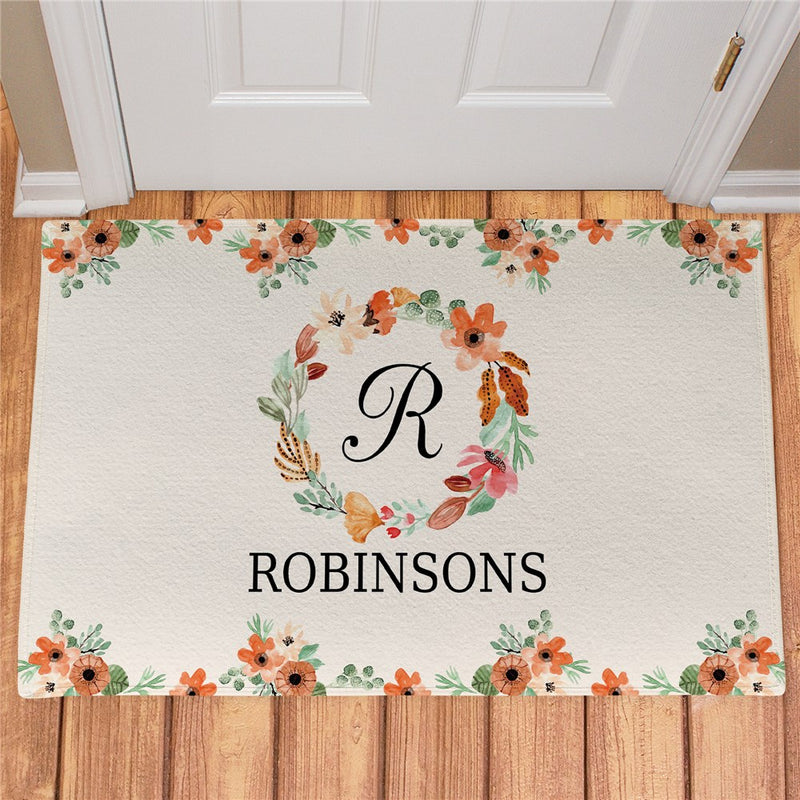 Watercolor Floral Wreath Personalized Doormat - Custom Welcome Mat - LED Gift Works