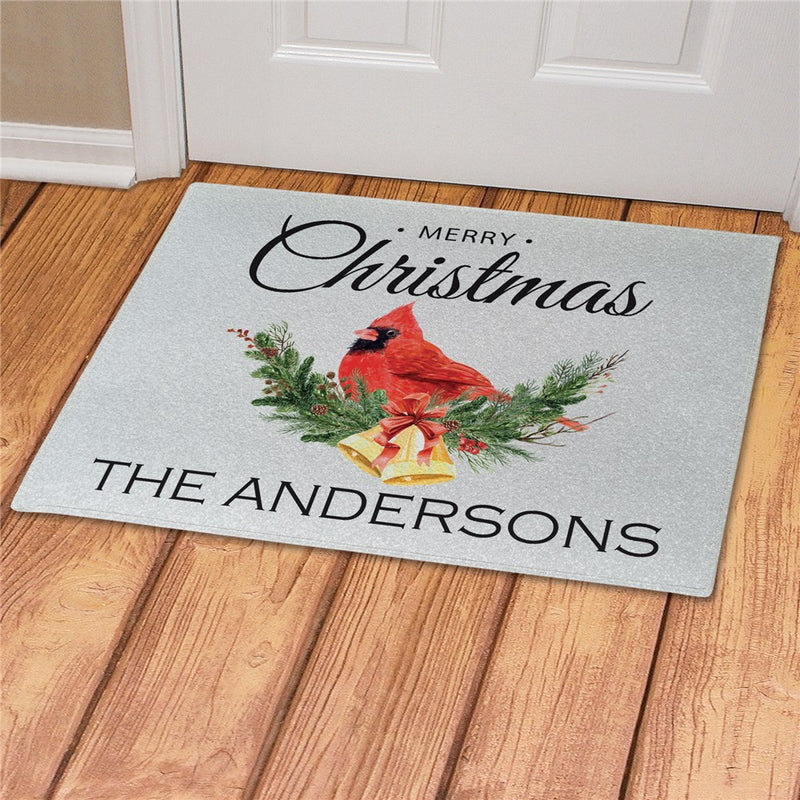 Cardinal Merry Christmas Personalized Doormat - Custom Winter Welcome Mat - LED Gift Works
