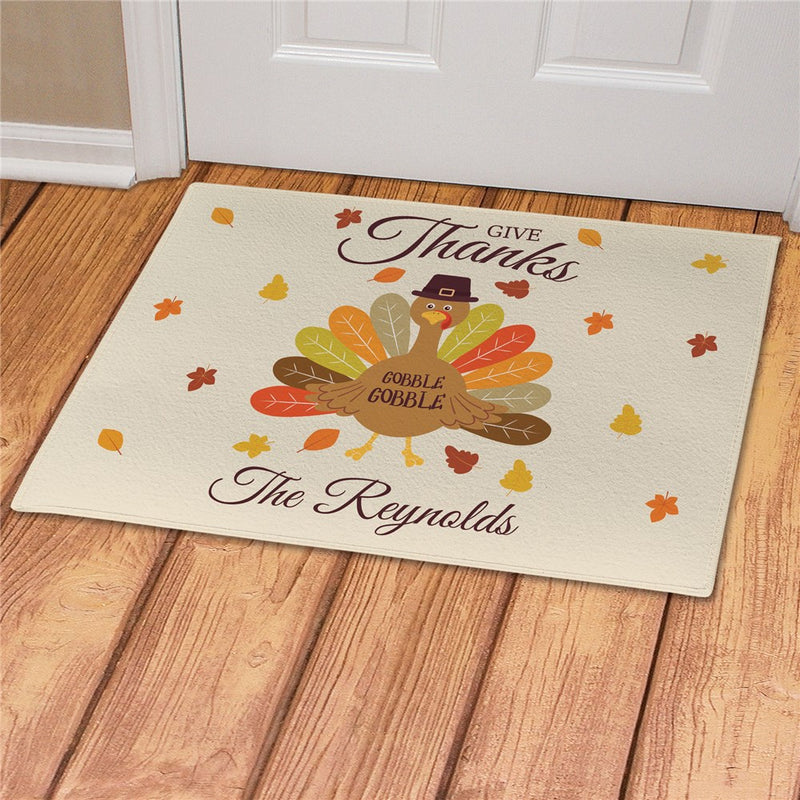 Give Thanks Turkey Hat Personalized Doormat - Custom Thanksgiving Mat - LED Gift Works