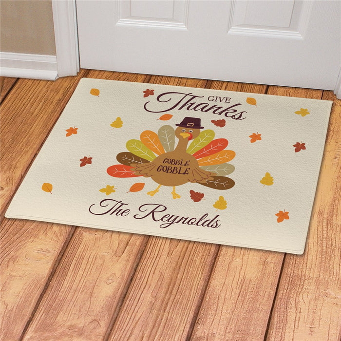 Give Thanks Turkey Hat Personalized Doormat - Custom Thanksgiving Mat - Way Up Gifts