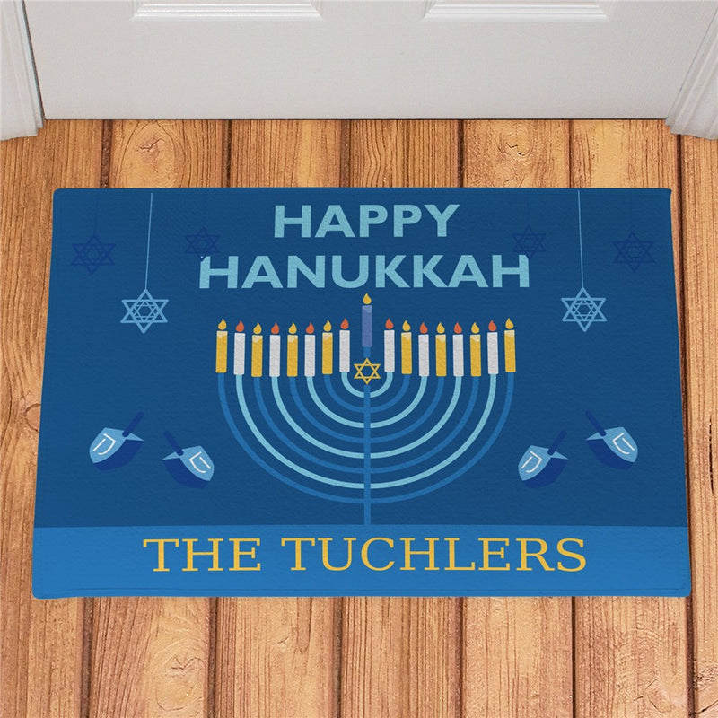 Happy Hanukkah Personalized Doormat - Custom Jewish Holiday Entry Mat - LED Gift Works