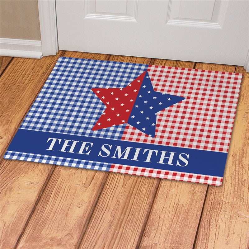 Patriotic Plaid Star Personalized Doormat - Custom Independence Day Mat - LED Gift Works