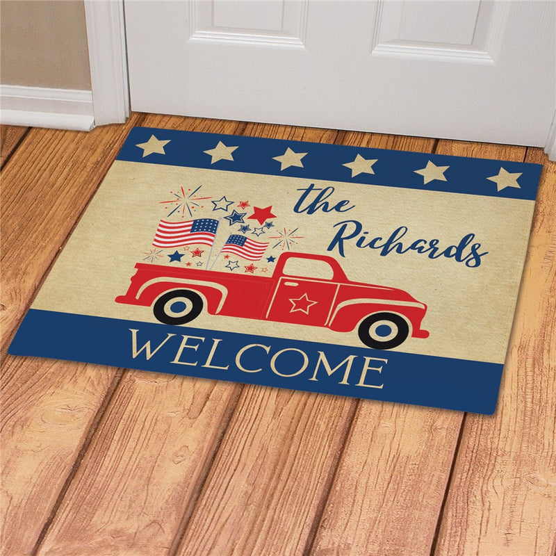 Patriotic Truck Personalized Welcome Mat - Custom 4th of July Doormat - LED Gift Works