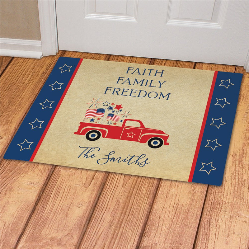Faith Family Freedom Patriotic Truck Personalized Doormat - Custom Entry Mat - LED Gift Works