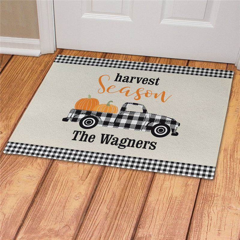 Harvest Season Gingham Truck Personalized Doormat - Custom Fall Entry Mat - LED Gift Works