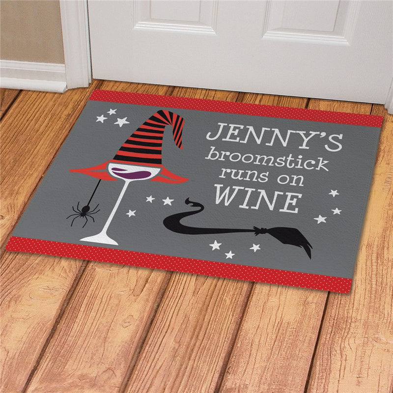 Broomstick Runs on Wine Personalized Doormat - Custom Halloween Entry Mat - LED Gift Works