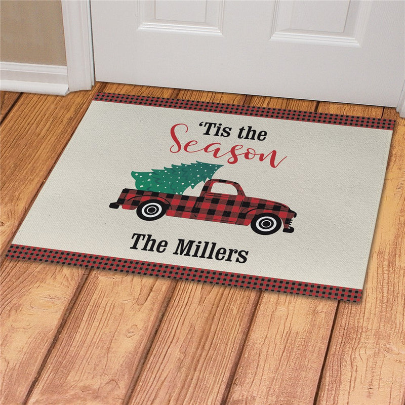 Tis the Season Gingham Truck Personalized Doormat - Custom Holiday Entry Mat - LED Gift Works