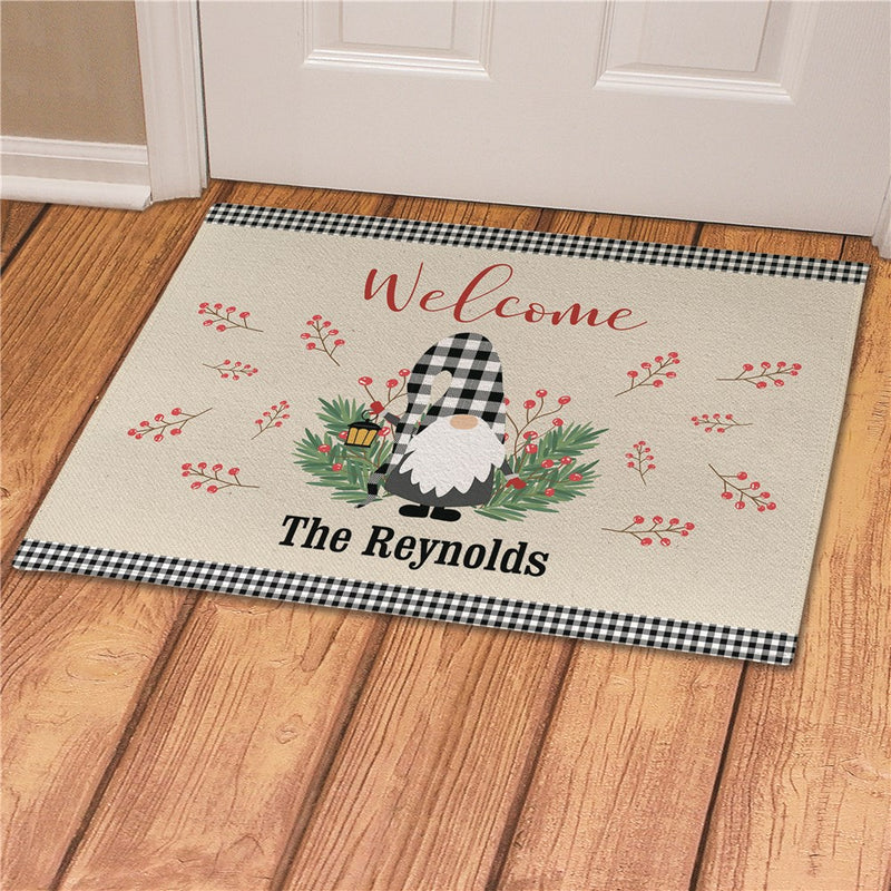 Gingham Gnome Personalized Doormat - Custom Holiday Welcome Mat - LED Gift Works