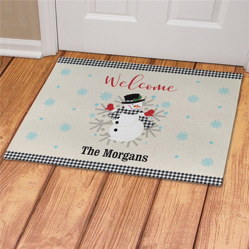 Gingham Snowman Personalized Doormat - Custom Holiday Entry Mat - LED Gift Works