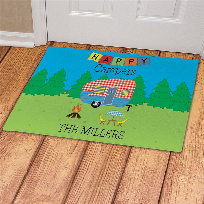 Happy Camper Plaid Personalized Doormat - Custom Outdoor Welcome Mat - LED Gift Works
