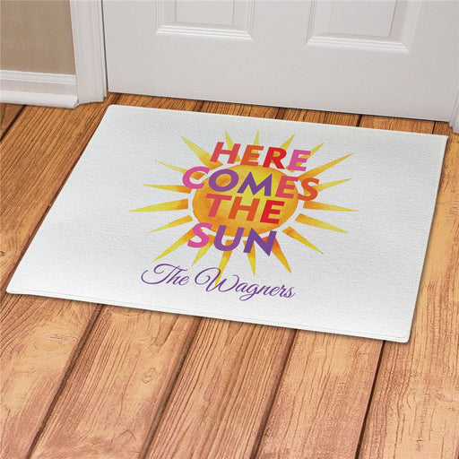 Here Comes the Sun Personalized Doormat - Custom Bright Welcome Mat - Way Up Gifts
