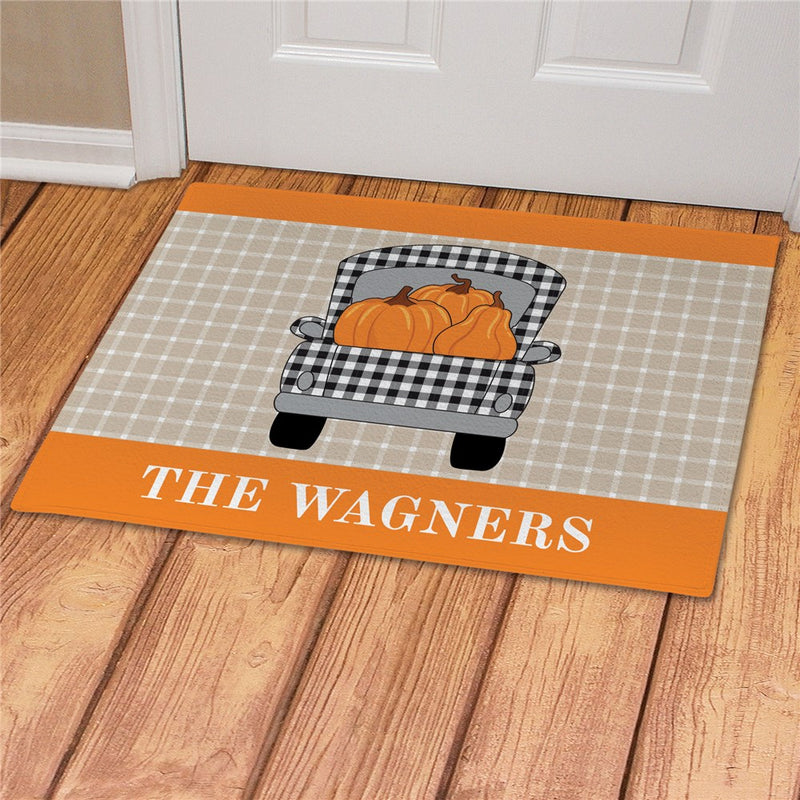Buffalo Check Fall Truck Personalized Doormat - Custom Seasonal Entry Mat - LED Gift Works