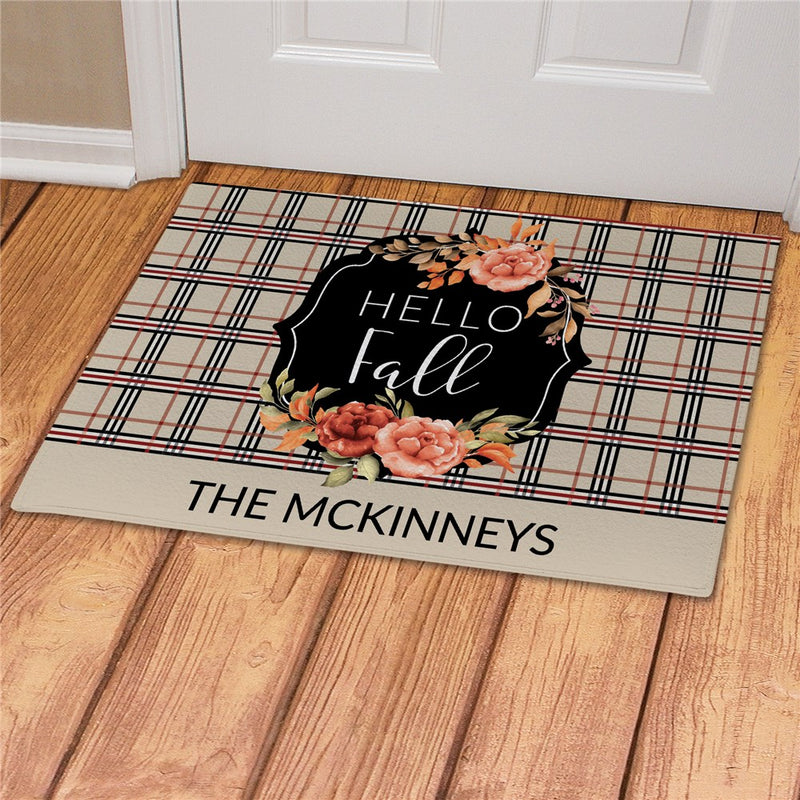 Hello Fall Plaid Personalized Doormat - Custom Autumn Entry Mat - LED Gift Works
