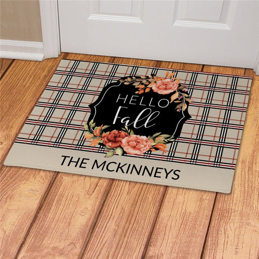 Hello Fall Plaid Personalized Doormat - Custom Autumn Entry Mat - Way Up Gifts