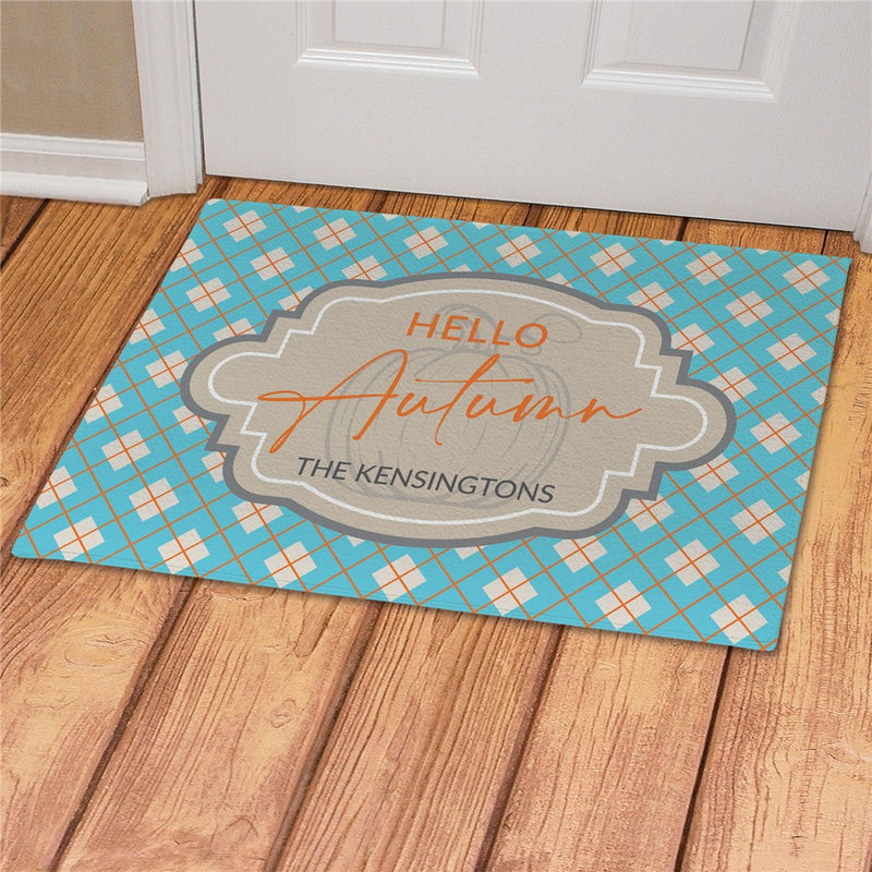 Blue and Orange Plaid Personalized Doormat - Custom Welcome Mat - LED Gift Works