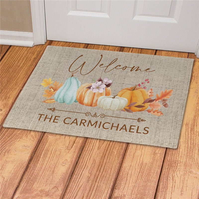 Neutral Pumpkins Personalized Doormat - Custom Fall Welcome Mat - LED Gift Works