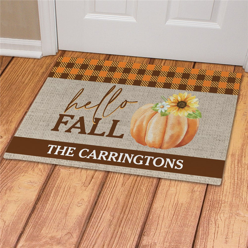 Orange Plaid Pumpkin Personalized Doormat - Custom Fall Entry Mat - LED Gift Works