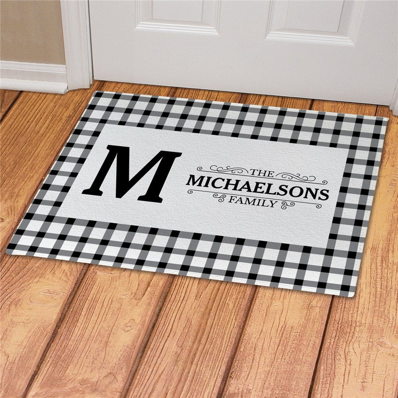 Black Plaid Initial Name Personalized Doormat - Custom Monogram Entry Mat - LED Gift Works
