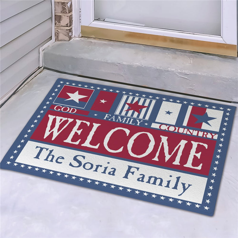 American Pride Personalized Welcome Mat - Custom Patriotic Entry Mat - LED Gift Works