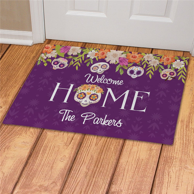 Floral Sugar Skulls Personalized Doormat - Custom Halloween Entry Mat - LED Gift Works