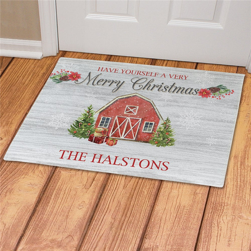 Red Barn Christmas Personalized Doormat - Custom Holiday Welcome Mat - LED Gift Works