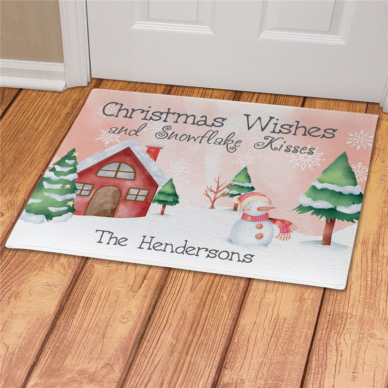 Pink Snow Scene Snowman Personalized Doormat - Custom Winter Welcome Mat - LED Gift Works