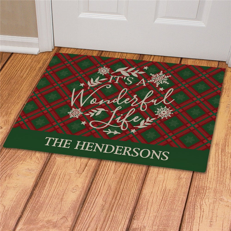 It's a Wonderful Life Personalized Plaid Doormat - Custom Holiday Mat - LED Gift Works