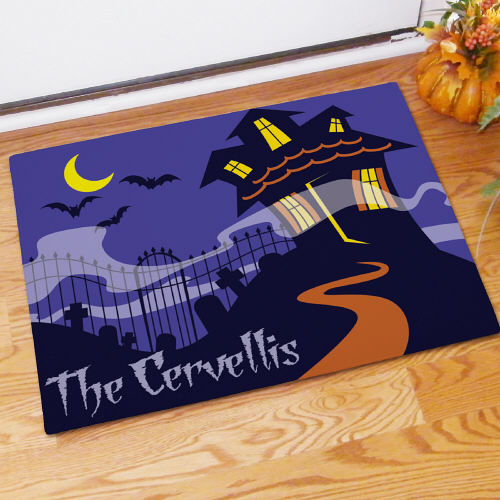 Haunted House Personalized Welcome Mat - Custom Halloween Doormat - LED Gift Works
