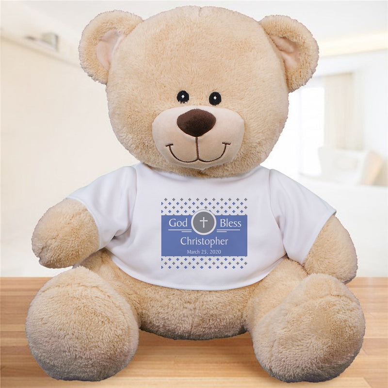 God Bless Teddy Bear with Personalized T-Shirt - Religious Gift with Name & Date - LED Gift Works
