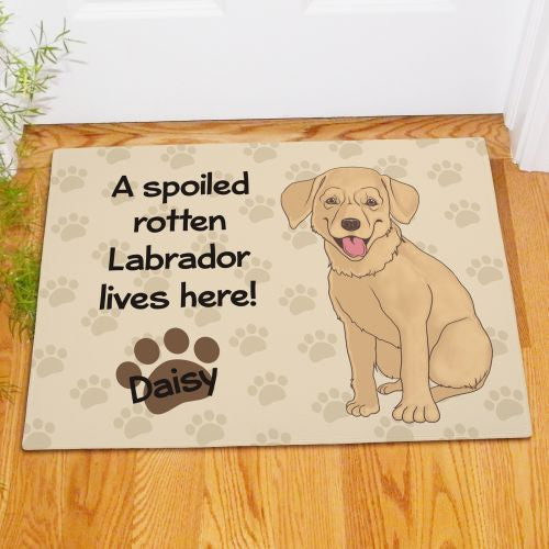 Yellow Lab Spoiled Here Personalized Doormat - Custom Pet Entry Mat - LED Gift Works
