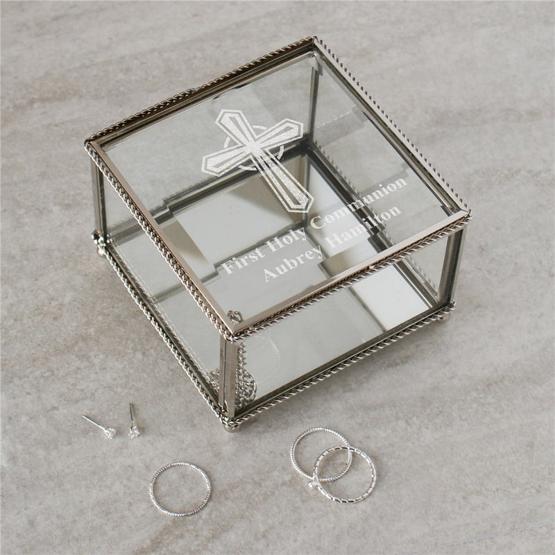 Engraved Cross First Communion Glass Jewelry Box - Custom Gift - LED Gift Works