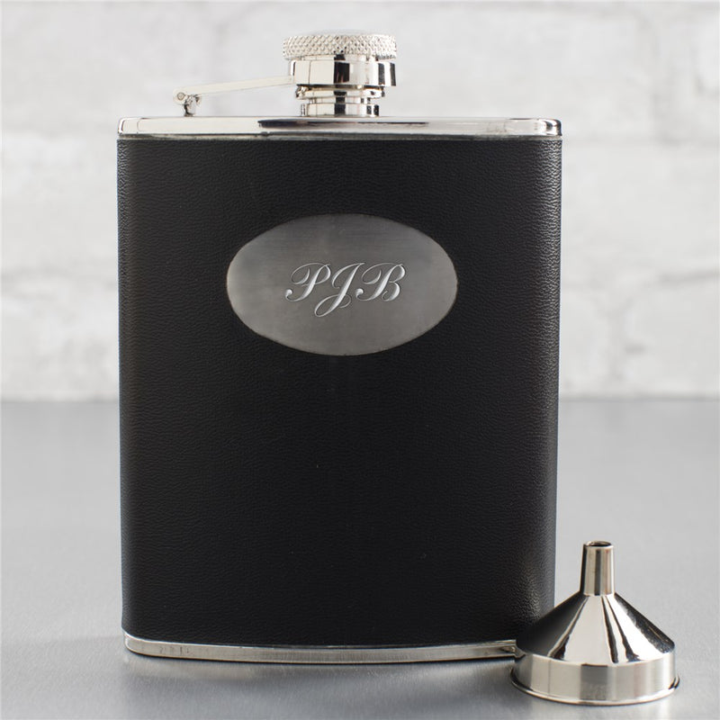 Black Leatherette Flask - Custom Engraved Groomsmen Gift - LED Gift Works