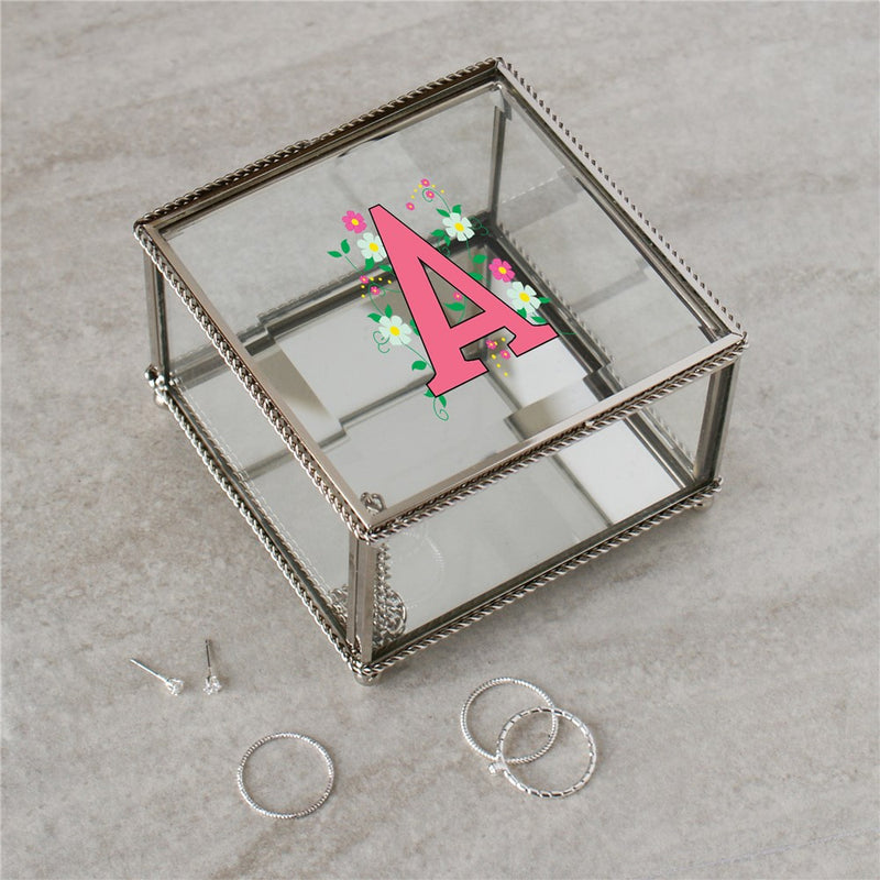 Personalized Floral Initial Glass Jewelry Box - Custom Floral Design - LED Gift Works