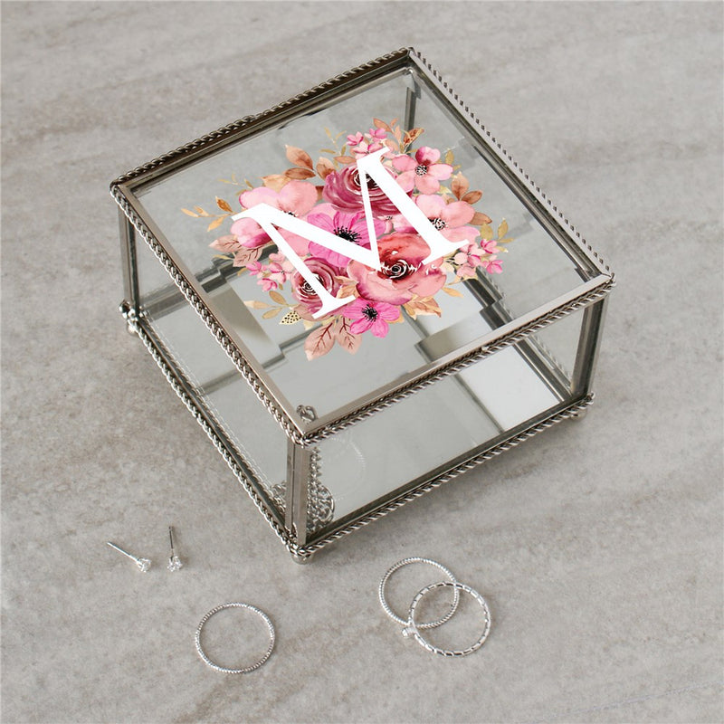 Personalized Pink Floral Initial Glass Jewelry Box - Custom Initial Box - LED Gift Works