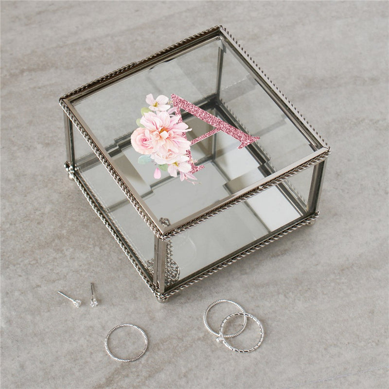 Personalized Pink Glitter Floral Initial Jewelry Box - Custom Floral Box - LED Gift Works