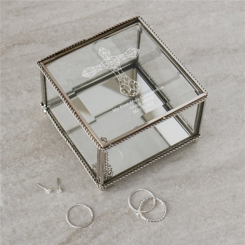 Engraved Cross Glass Jewelry Box - Custom Religious Gift Box - LED Gift Works
