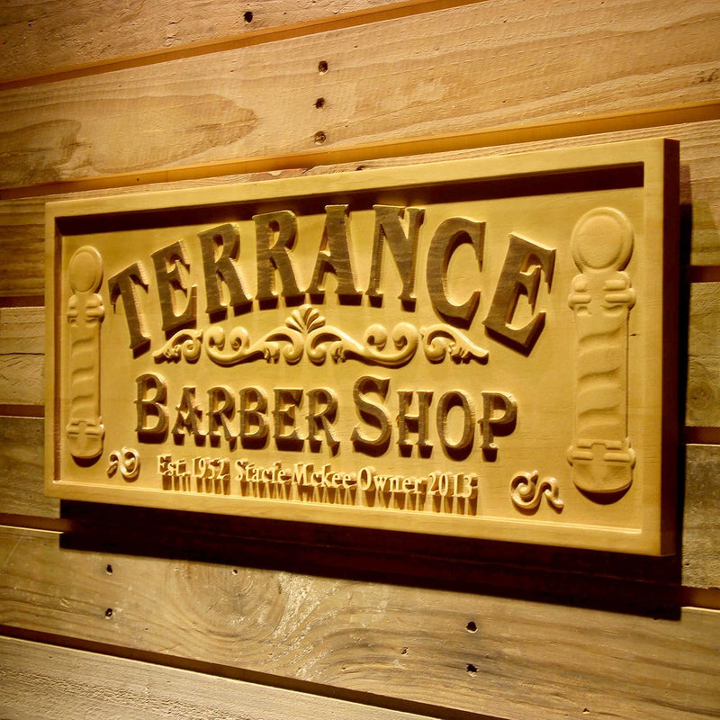 Personalized Barber Shop Custom Wood Sign 3D Engraved Wall Plaque - LED Gift Works