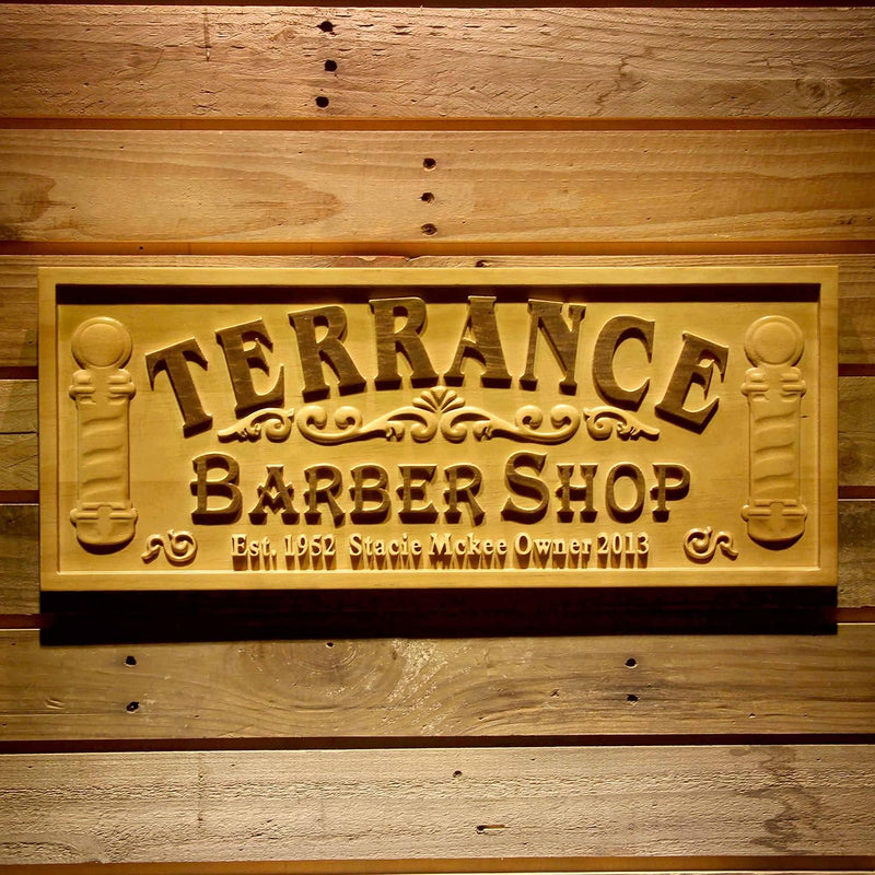 Personalized Barber Shop Custom Wood Sign 3D Engraved Wall Plaque - LED Gift Works