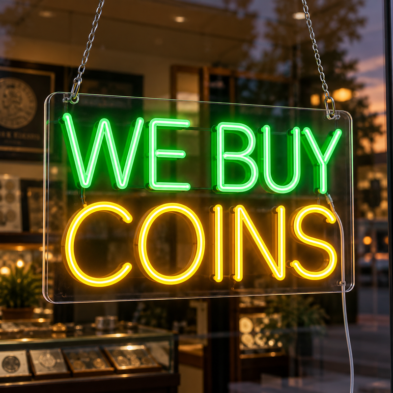 We Buy Coins Flex Silicone LED Sign (Neon-Style, LED Technology) | LED Business Window Sign